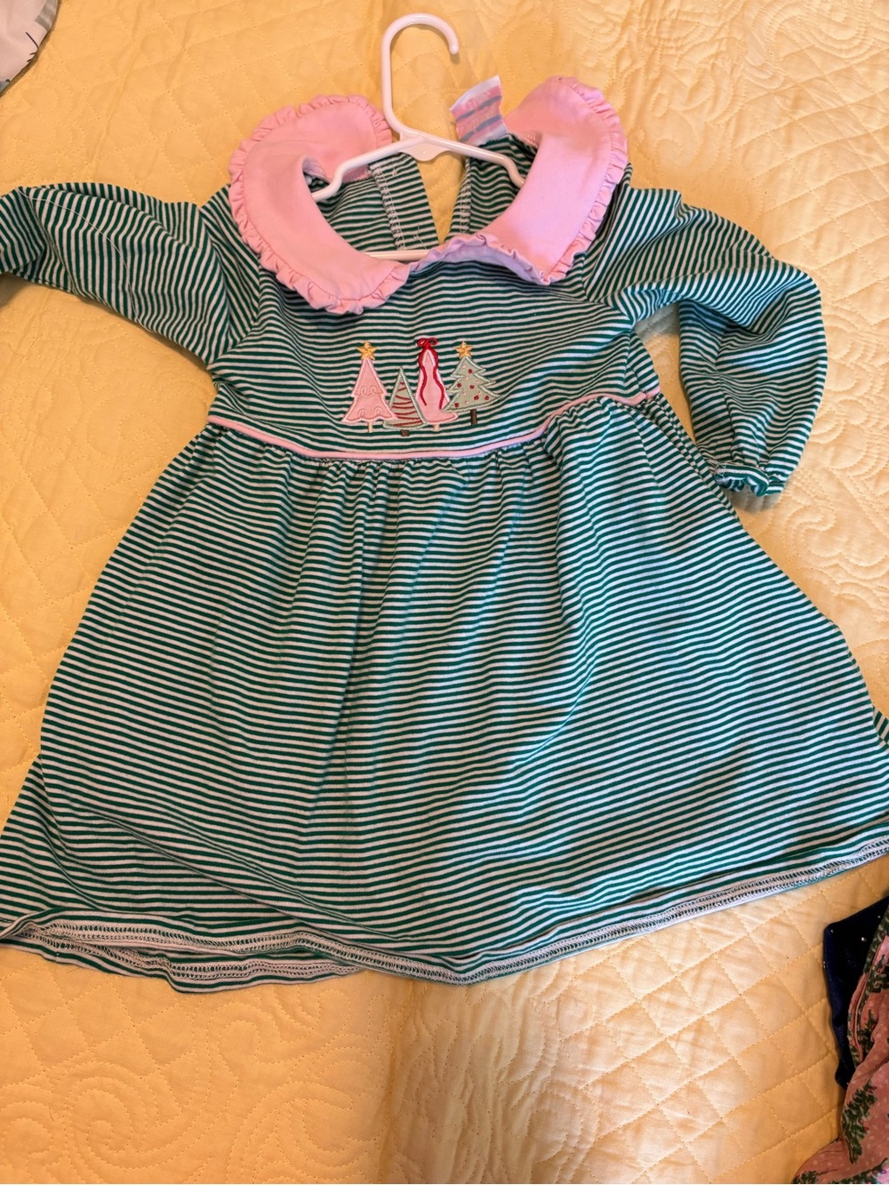 Teal & White Stripe Kids Dress with Pink Ruffled Collar